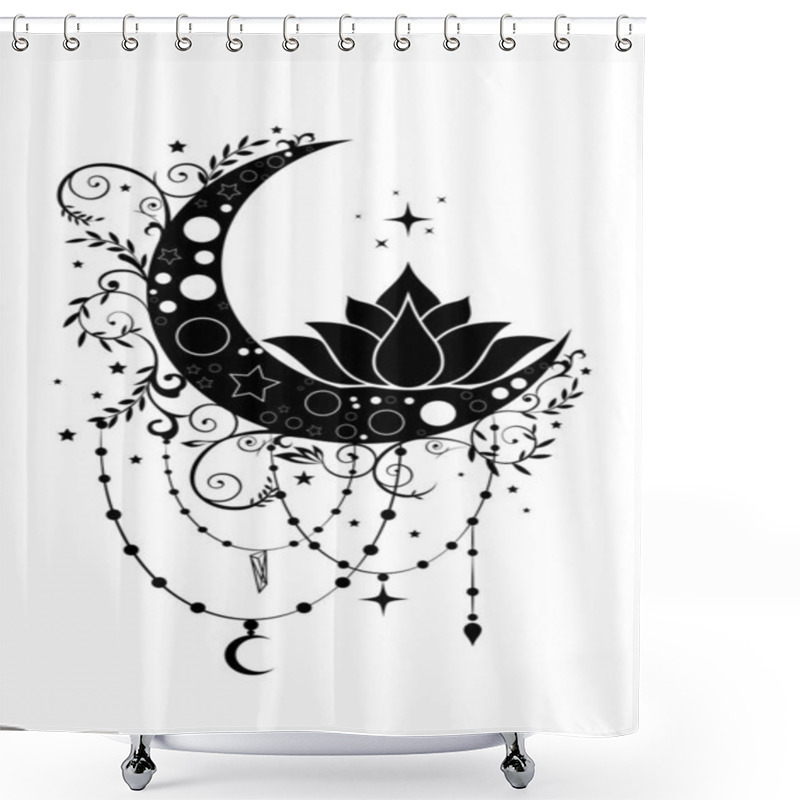 Personality  Mystical Crescent Moon And Sacred Lotus Flower In Boho Style Logo Design. Floral Magic Celestial Clipart Of Yoga, Spa, Beauty Salon, Cosmetics, Relax, Brand Name, Tattoo. Isolated On White Background Shower Curtains