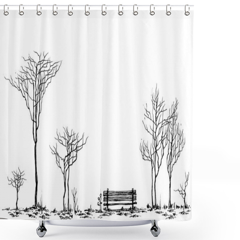 Personality  Stylized Park Decor, Bench And Trees Drawing Shower Curtains