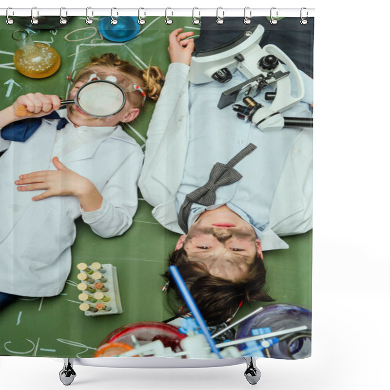 Personality  Kids In Lab Coats Lying On Chalkboard Shower Curtains