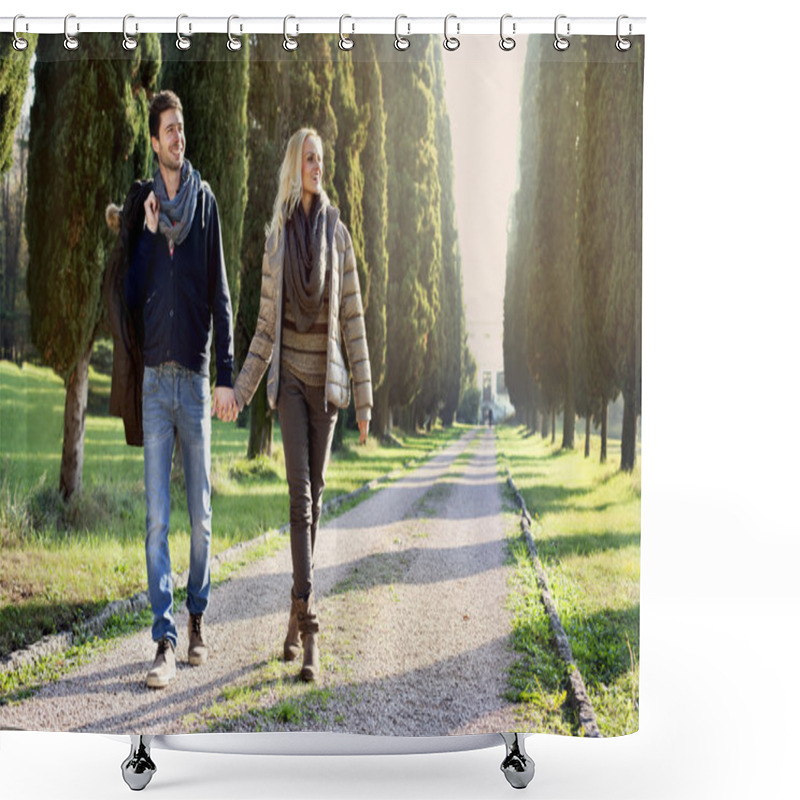 Personality  Couple Walking In The Leafy Avenue In An Autumn Day Shower Curtains