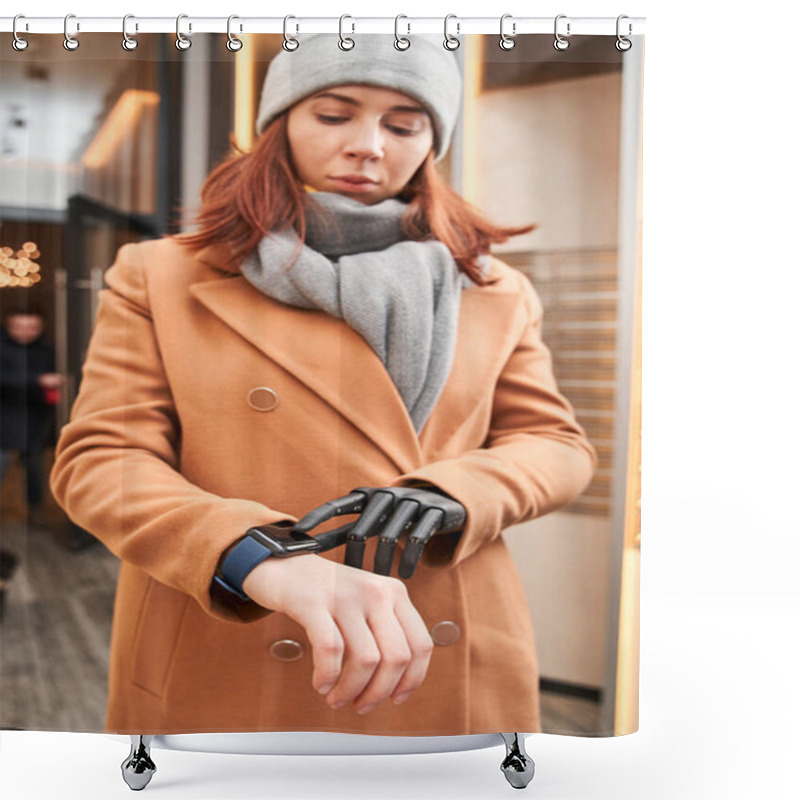 Personality  Female With Prosthesis Arm Tracking Time On Smartwatch Shower Curtains