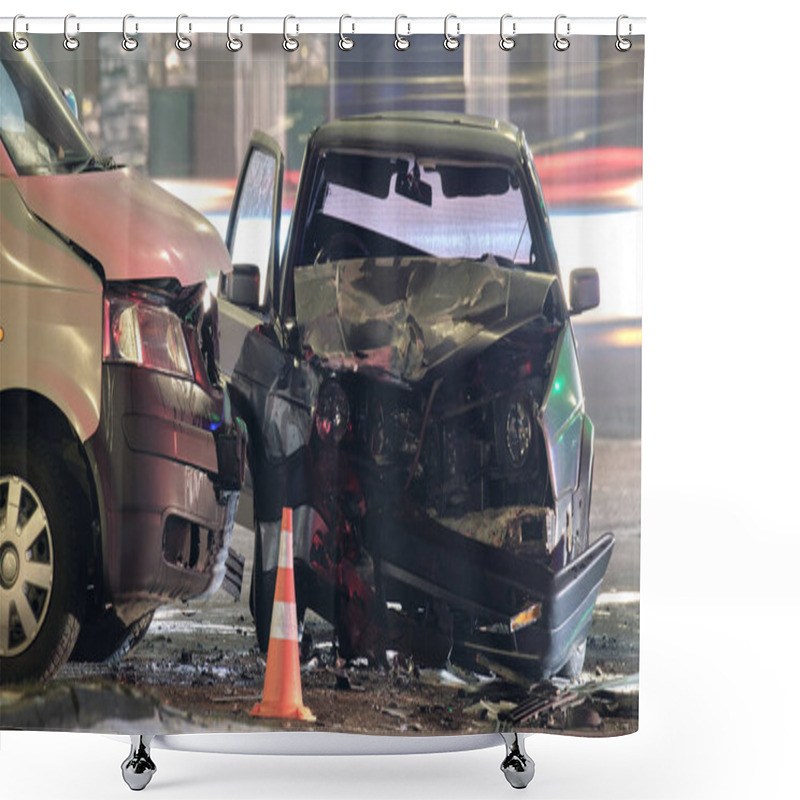 Personality  Damaged In Heavy Car Accident Vehicles After Collision On City Street Crash Site At Night. Road Safety And Insurance Concept Shower Curtains