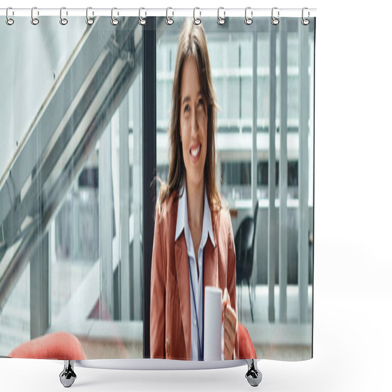 Personality  Cheerful Young Employee Sitting On Chair And Having Coffee Break, Coworking Concept, Banner Shower Curtains