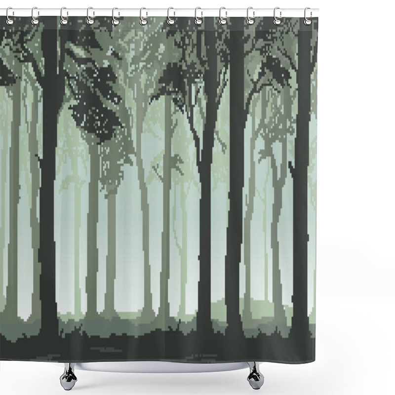 Personality  Pixel Background With Forest For Games And Mobile Applications. Pixel Art Silhouette Of Forest. 8 Bit.  Shower Curtains