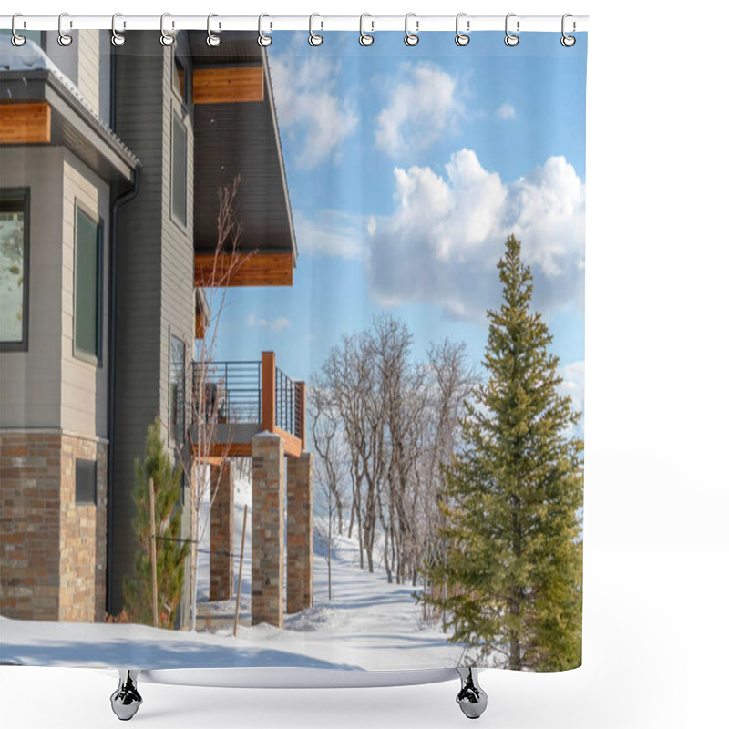 Personality  Home With Wood And Stone Wall And Balcony With Wasatch Mountain Terrain View Shower Curtains