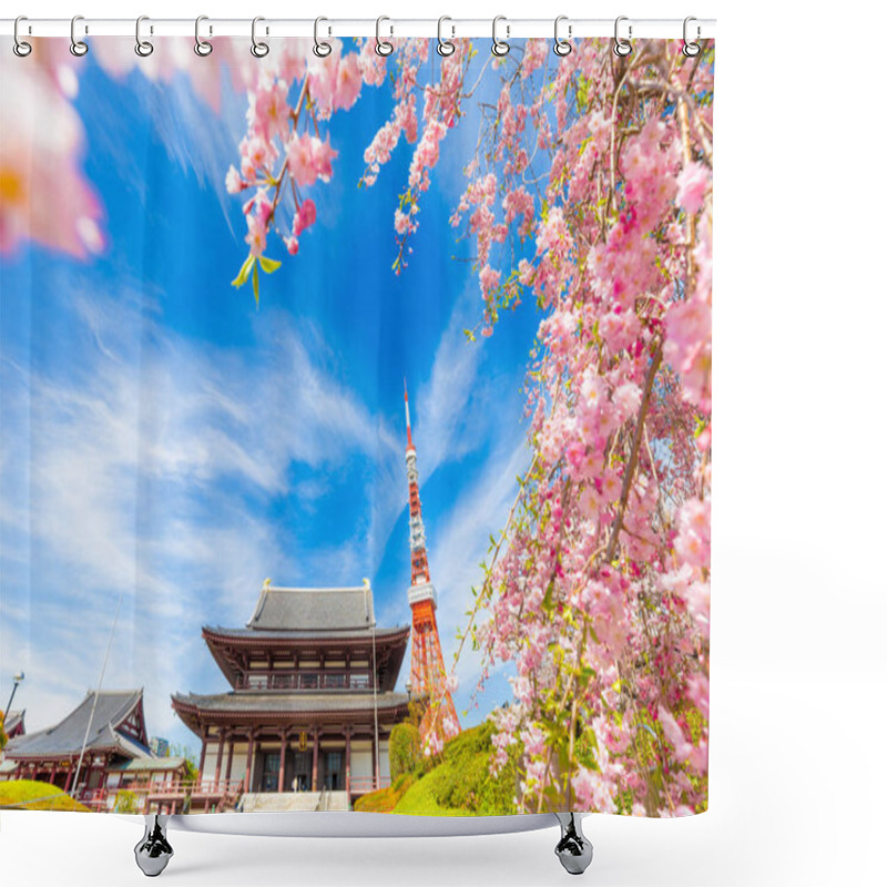 Personality  Blooming Sakura Flower Cherry Blossom In Zojoji Temple With Toky Shower Curtains