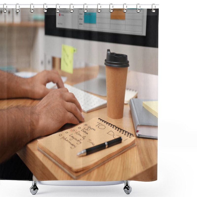 Personality  Man Planning His Schedule With Calendar App On Computer In Office, Closeup Shower Curtains