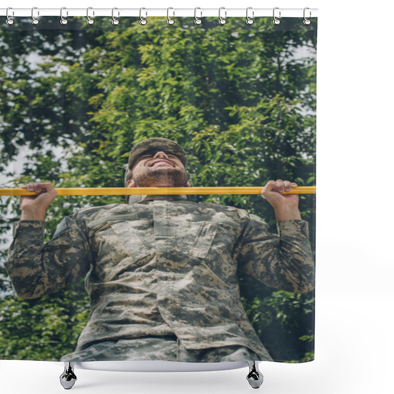 Personality  Low Angle View Of Soldier In Military Uniform Pulling Himself Up On Crossbar Shower Curtains