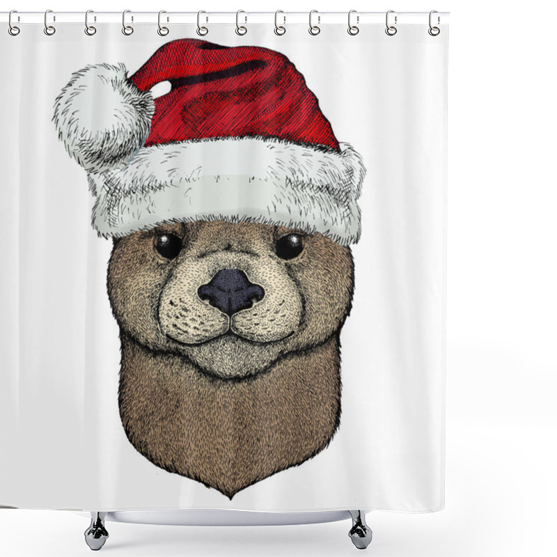 Personality  Vector Portrait Of Otter. Red Santa Claus Hat. Head Of Wild Animal. Christmas Winter Animal. Shower Curtains