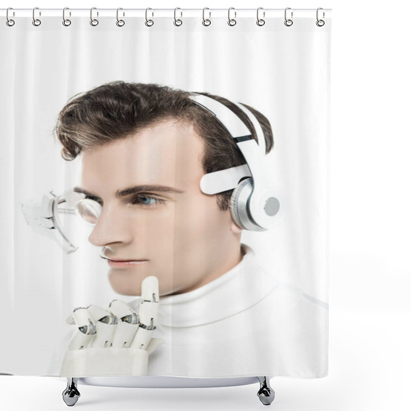 Personality  Cyborg In Headphones And Digital Eye Lens Touching Chin With Artificial Hand Isolated On White Shower Curtains