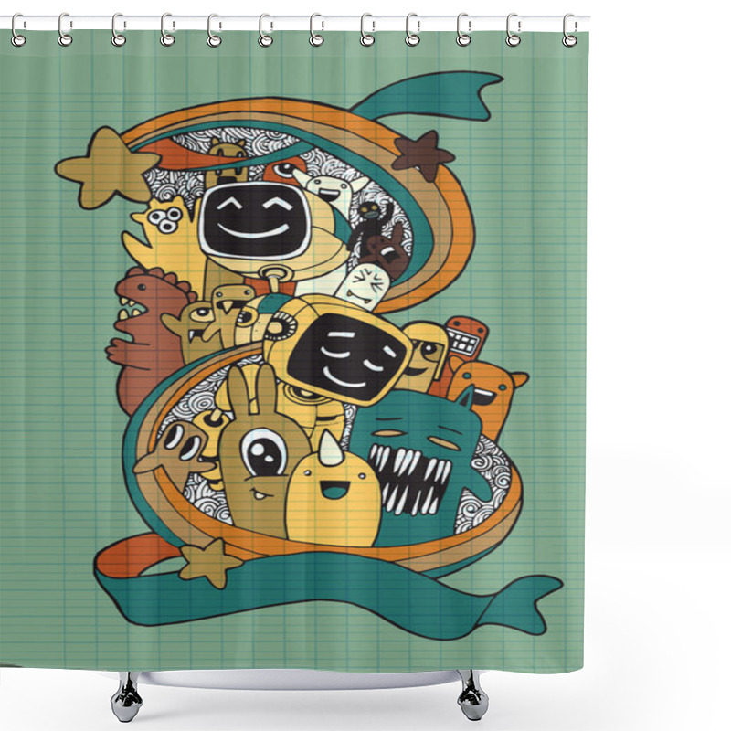 Personality  Hand Drawn Aliens , Monsters And Robot Cartoon Doodle Shower Curtains