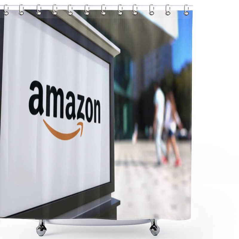 Personality  Street Signage Board With Amazon.com Logo. Blurred Office Center And Walking People Background. Editorial 3D Rendering Shower Curtains