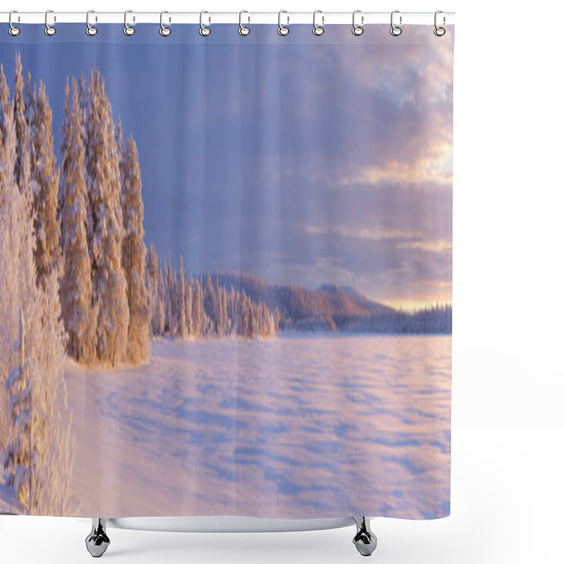 Personality  Frozen Aijajarvi Lake In Finnish Lapland In Winter At Sunset Shower Curtains