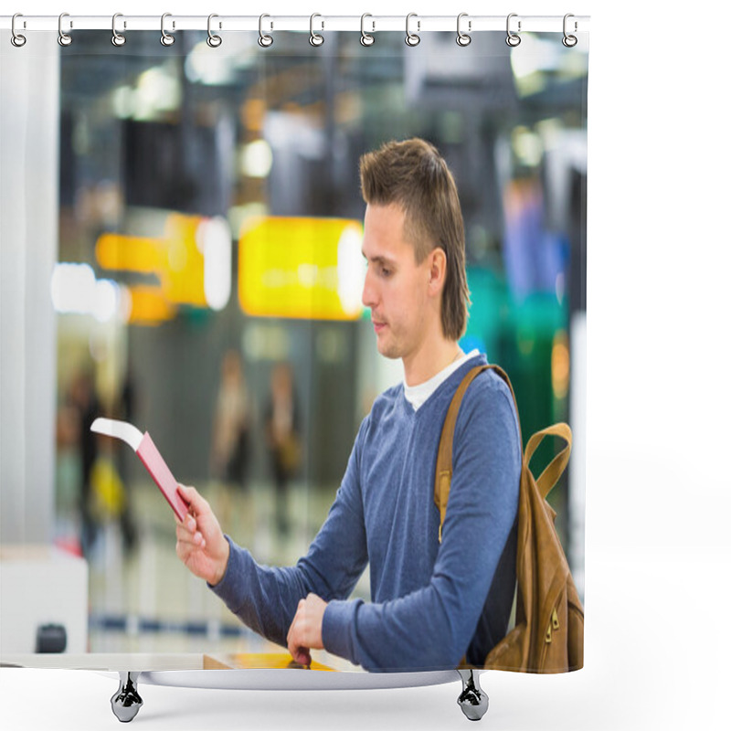 Personality  Beautiful Man With Passports And Boarding Passes At The Front Desk At Airport Shower Curtains