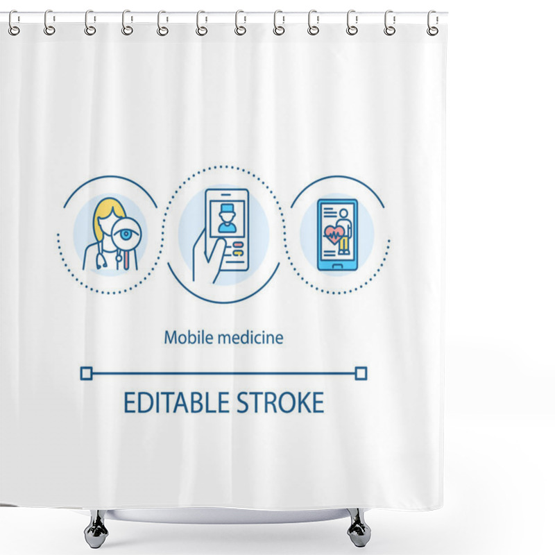 Personality  Mobile Medicine Concept Icon. Helpline Idea Thin Line Illustration. High Quality Medical Care. House Calls. Diagnostic Procedures. Vector Isolated Outline RGB Color Drawing. Editable Stroke Shower Curtains