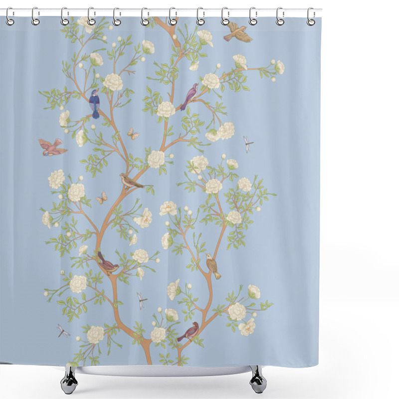 Personality  Camellia Blossom Tree With Sparrow, Finches, Butterflies, Dragonflies Shower Curtains