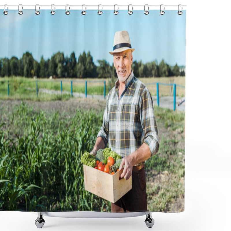 Personality  Happy Farmer Holding Box With Vegetables Near Corn Field Shower Curtains