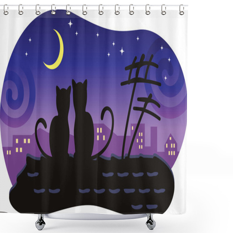 Personality  Lovers Cats Sitting On The Roof Of The House And Look At The Moon. Shower Curtains