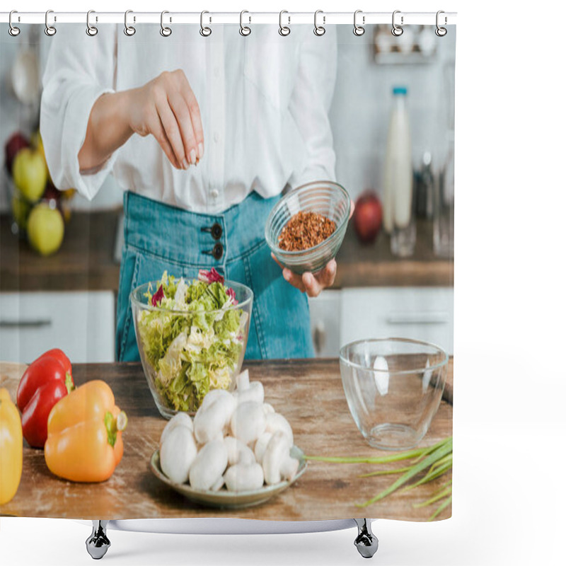 Personality  Cropped Shot Of Woman Spilling Spice Onto Lettuce In Bowl At Kitchen Shower Curtains