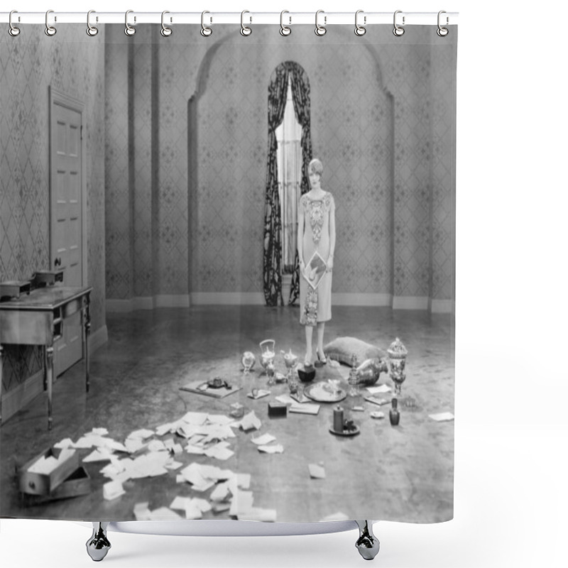 Personality  Woman Standing In An Empty Room Scattered With Letters Shower Curtains