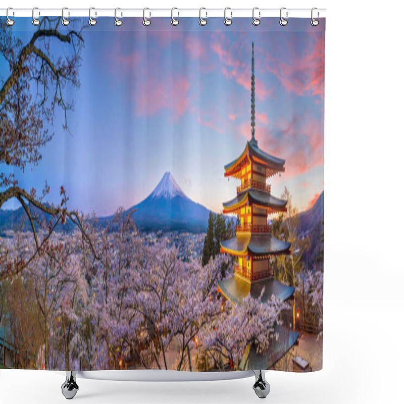 Personality  Mountain Fuji And Chureito Red Pagoda With Cherry Blossom Sakura At Sunset Shower Curtains