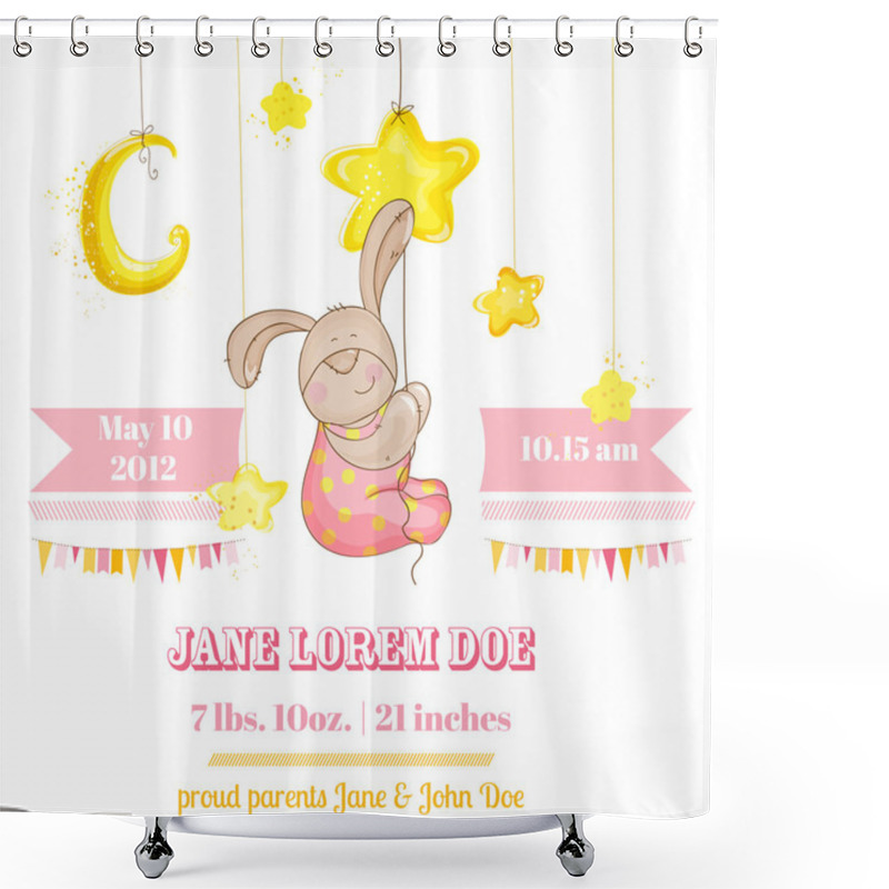 Personality  Baby Girl Arrival Card - With Baby Bunny And Stars - In Vector Shower Curtains