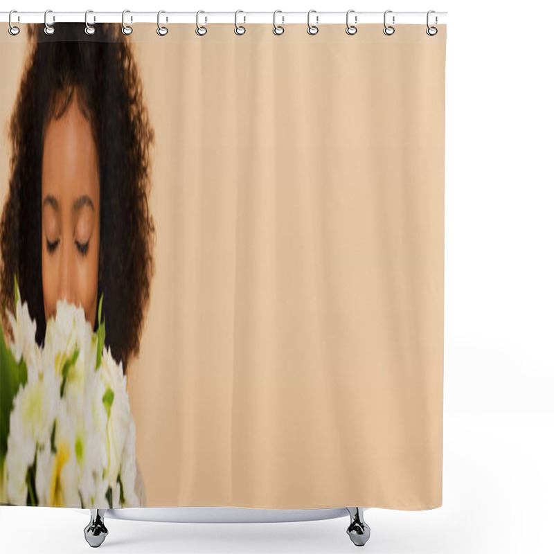 Personality  Smiling Preteen African American Girl Smelling Bouquet Of Daisies With Closed Eyes Isolated On Beige, Banner Shower Curtains