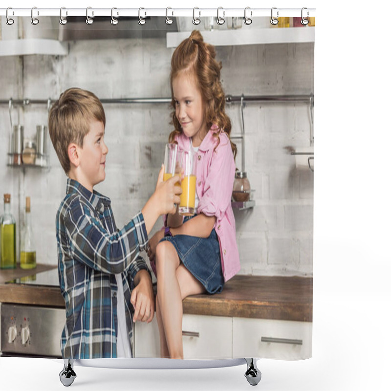 Personality  Little Brother And Sister Clinking Glasses Of Orange Juice At Kitchen Shower Curtains