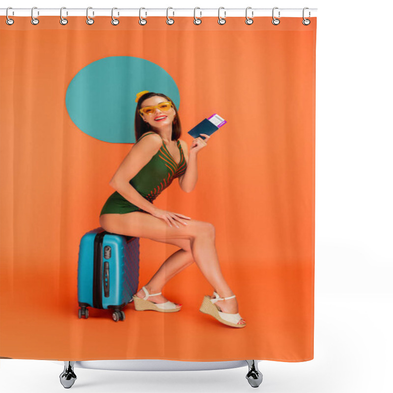 Personality  Girl With Passport And Air Ticket Smiling, Looking At Camera And Sitting On Suitcase With Blue Circle Behind On Orange  Shower Curtains