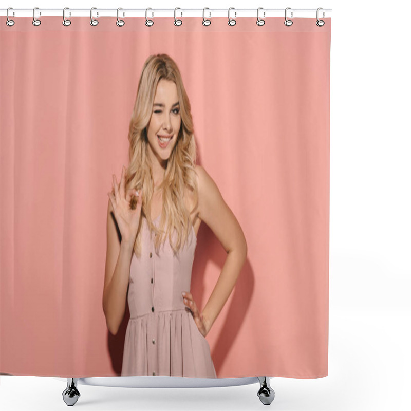 Personality  Attractive And Blonde Woman In Pink Dress With Hand On Hip Showing Okay  Shower Curtains