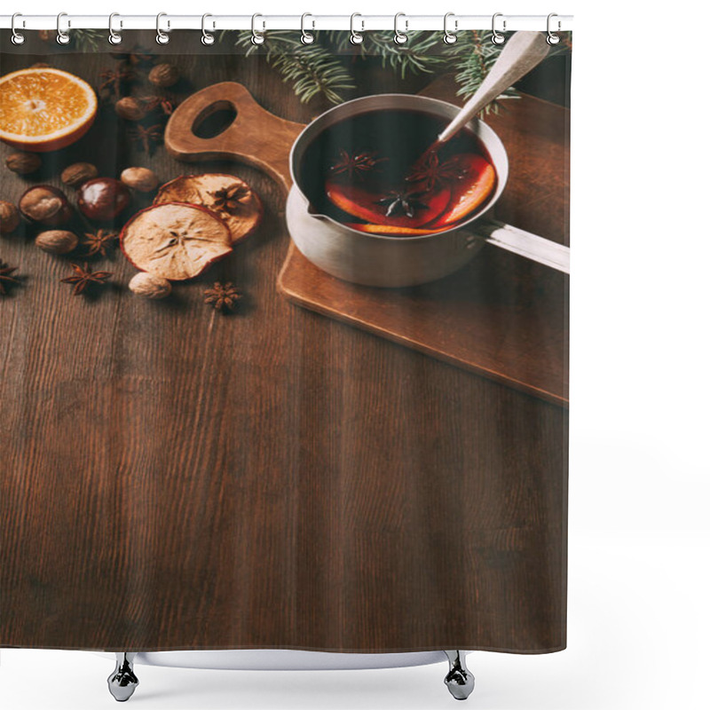 Personality  Hot Spiced Wine In Saucepan With Christmas Spices On Wooden Background Shower Curtains