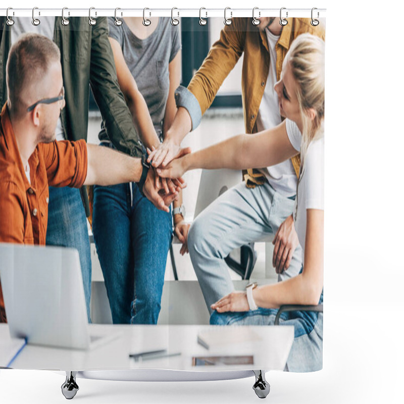 Personality  Cropped Shot Of Group Of Young Entrepreneurs Making Team Gesture While Working On Startup Together At Office Shower Curtains