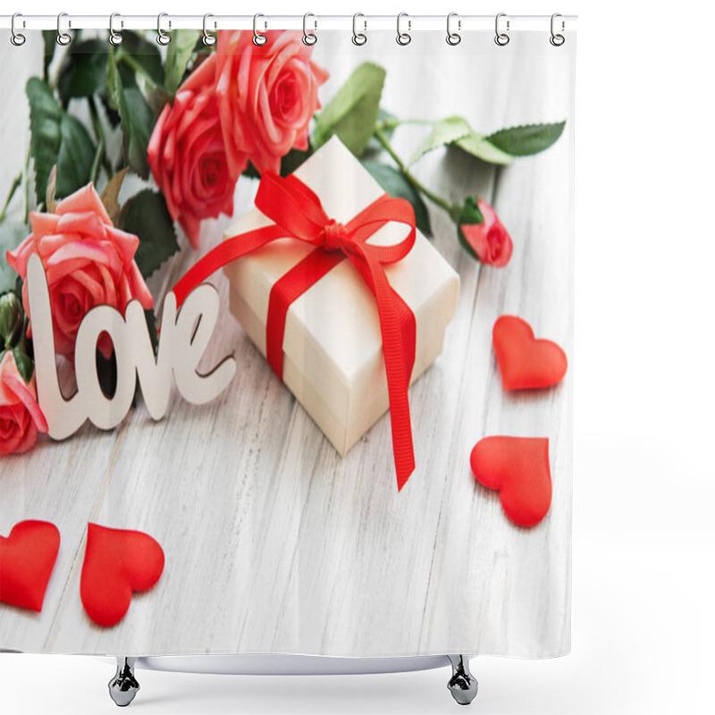 Personality  Valentine Gift Box And Roses Bouquet On A Old Wooden Background Shower Curtains