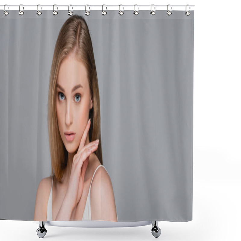 Personality  Pretty Young Woman With Makeup Looking At Camera Isolated On Gray, Banner Shower Curtains