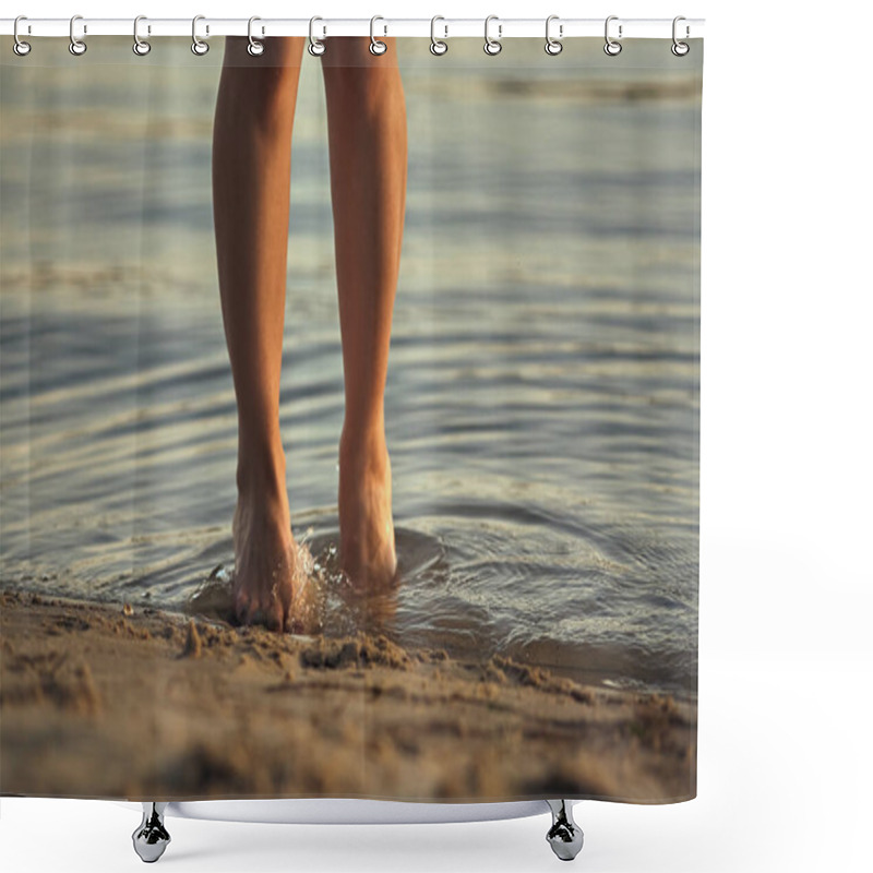 Personality  Female Feet Barefoot On A Sandy Beach In The Water. Close-up Of Beautiful Female Legs. Wet Foot. Shower Curtains