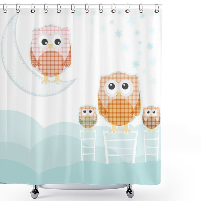 Personality  Card With Family Owls On Sky Over Cloud Shower Curtains