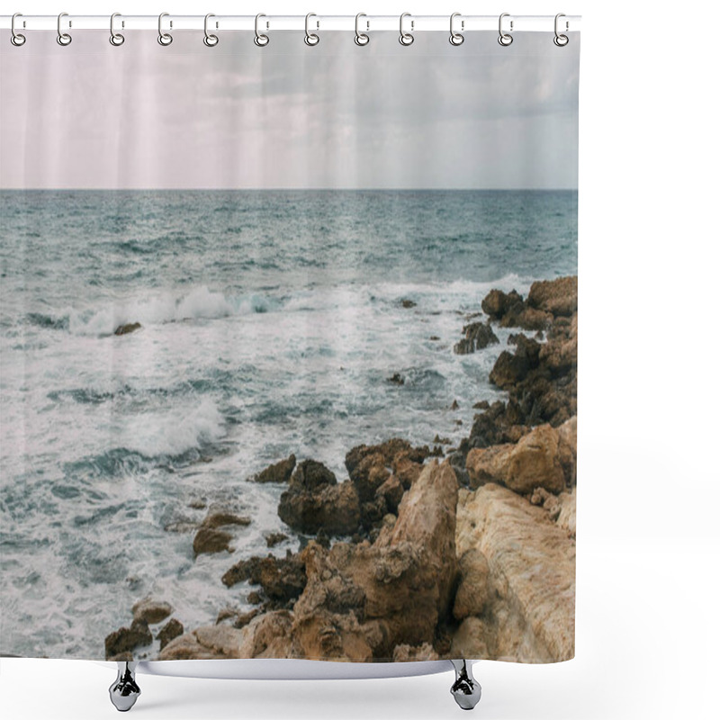 Personality  Coastline Of Mediterranean Sea Against Sky With Clouds In Cyprus Shower Curtains