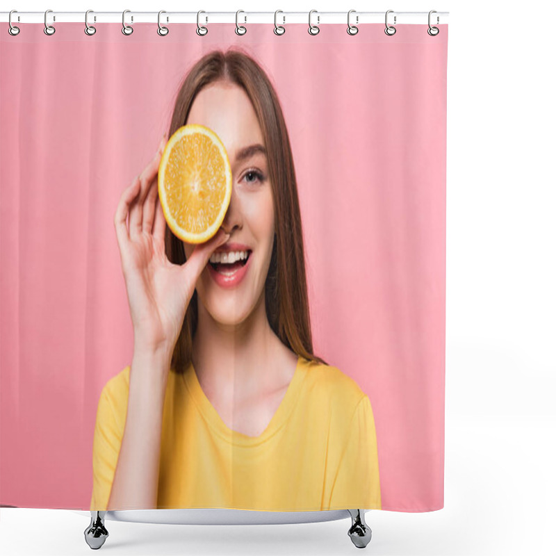 Personality  Front View Of Smiling Attractive Girl Holding Cut Orange Isolated On Pink Shower Curtains