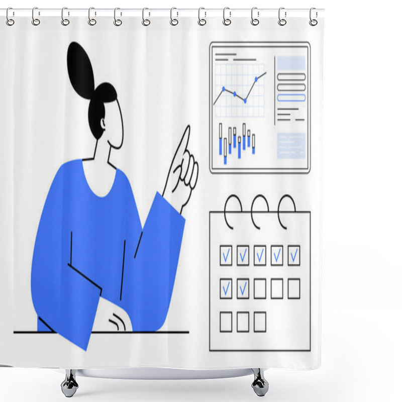 Personality  Woman Pointing At A Data Analysis Screen With Graphs And Charts, Alongside A Checklist Calendar With Marked Tasks. Ideal For Business Analytics, Project Planning, Task Management, Office Shower Curtains