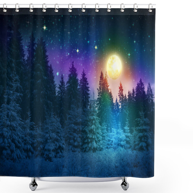 Personality  Winter Landscape With Snow Covered Fir Trees And Full Moon. Shower Curtains