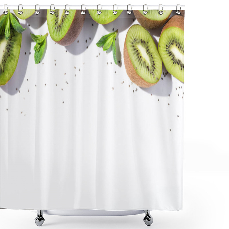 Personality  Top View Of Organic Kiwi Fruit Halves Near Green Peppermint And Black Seeds On White  Shower Curtains