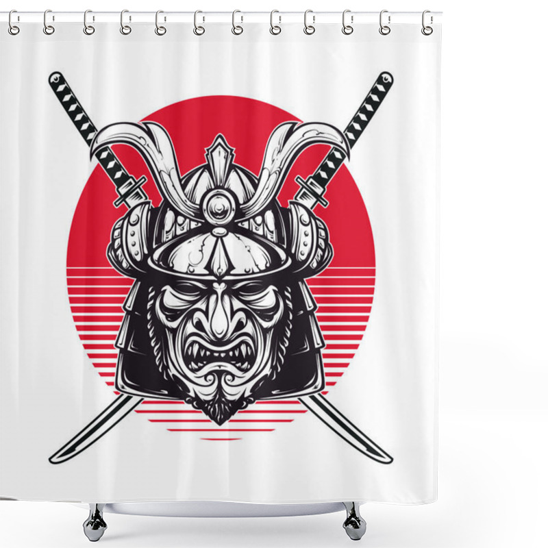 Personality  Samurai Mask And Crossed Katana Swords. Red Sun Behind. T-shirt Print Design. Vector Graphic. Shower Curtains