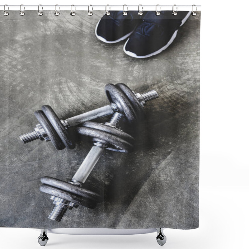 Personality  Top View Of Adjustable Dumbbells With Sneakers On Concrete Surface Shower Curtains