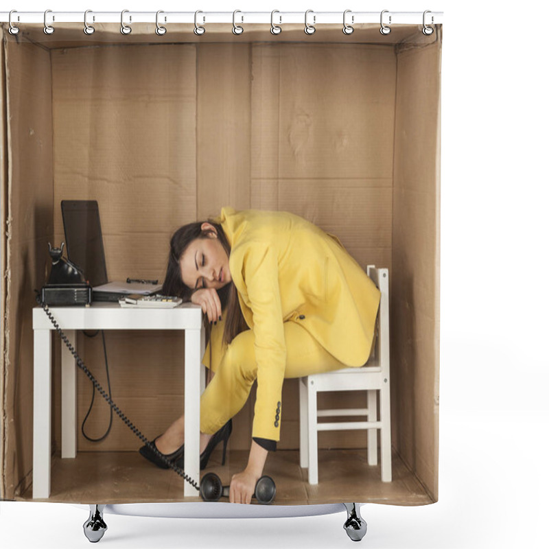 Personality  Business Woman Asleep During A Telephone Conversation Shower Curtains