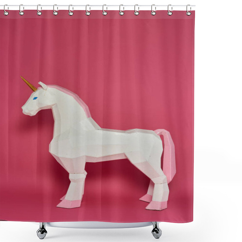 Personality  A White Unicorn With Pink Accents Stands Against A Pink Background. Shower Curtains