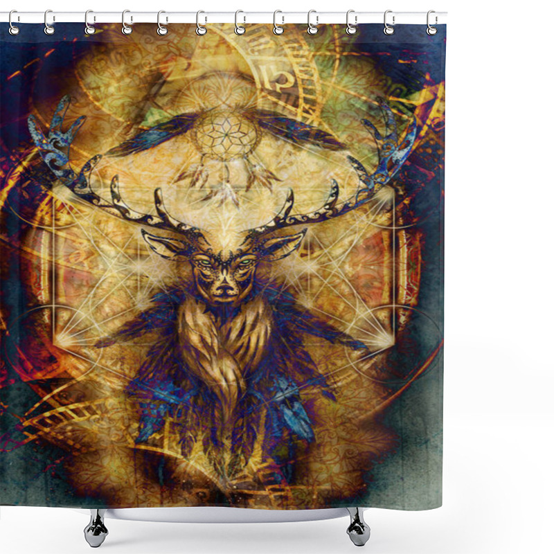 Personality  Sacred Ornamental Deer Spirit With Dream Catcher Symbol And Feathers And Merkaba. Shower Curtains