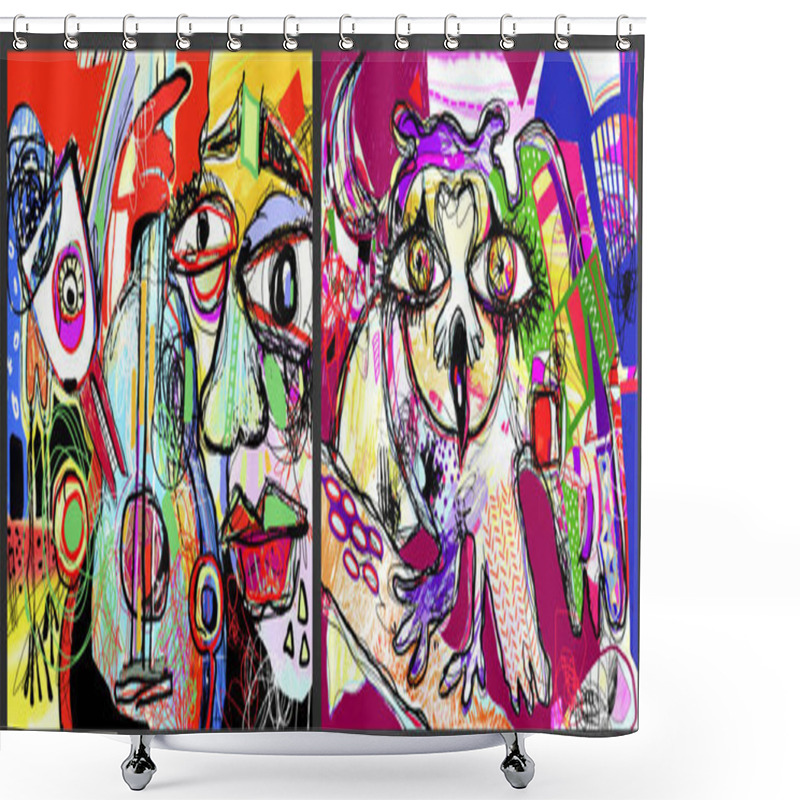 Personality  Set Of Two Pop Art Original Digital Painting - Men With Guitar And Owl Bird Shower Curtains