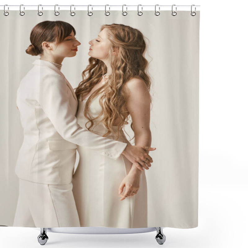 Personality  A Lesbian Couple In Elegant White Attire Share A Tender Moment During Their Wedding Ceremony. Shower Curtains