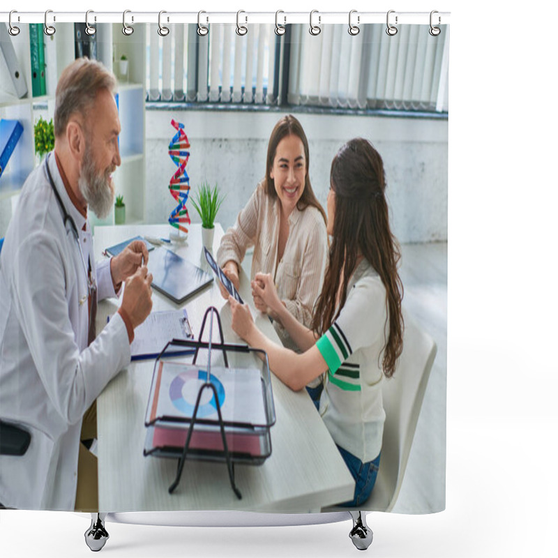 Personality  Happy Lesbian Couple Smiling And Holding Ultrasound And Jolly Doctor Looking At Them, Ivf Concept Shower Curtains