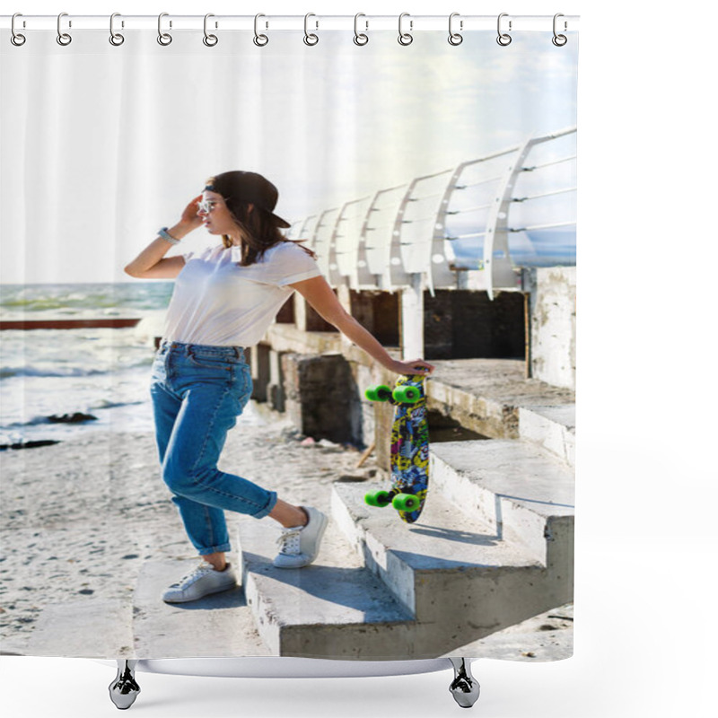 Personality  Beautiful Yound Woman With A Skateboard On A Beach Shower Curtains